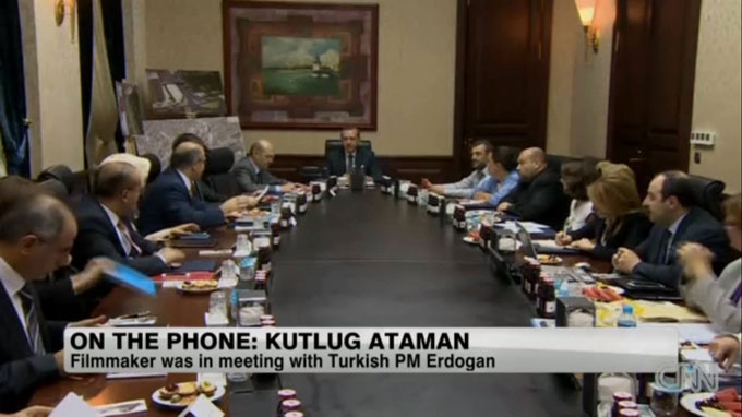 During a consultation with  protesters and celebrities, Prime Minister Tayyip Erdogan speaks with Kutlug Ataman by phone. Screenshot by Defne Ayas, 2013.