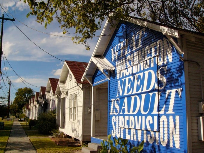 Andrea Bowers's installation, Hope in Hindsight, on view at Project Row Houses in 2010. Photo by Eric Hester, courtesy Project Row Houses.
