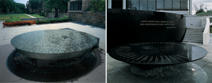 Two memorials by Maya Lin: The Women's Table at Yale University (left) and the Civil Rights Memorial at the Southern Poverty Law Center (right)
