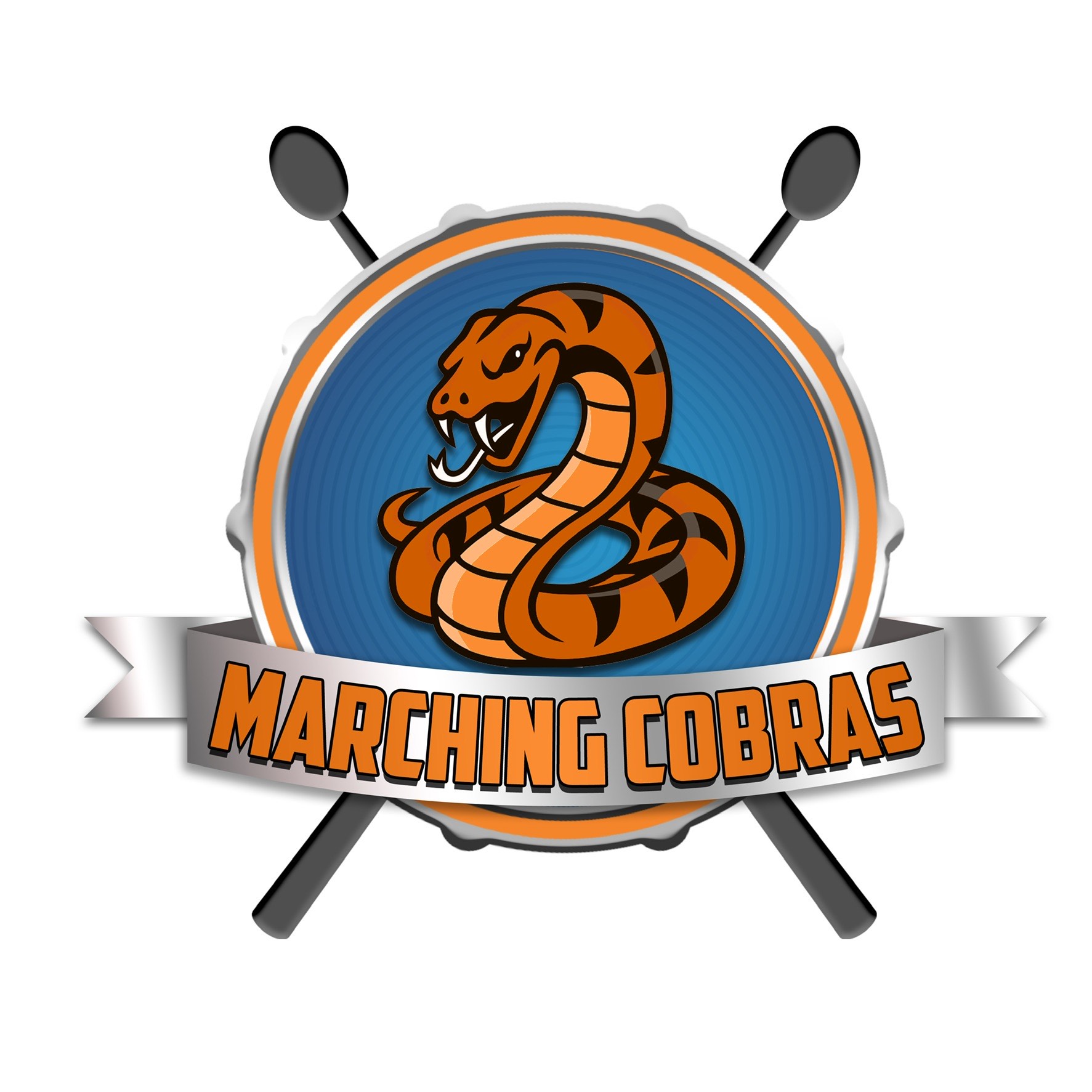 A logo with a drum and drum sticks, with an organge cobra in the middle.